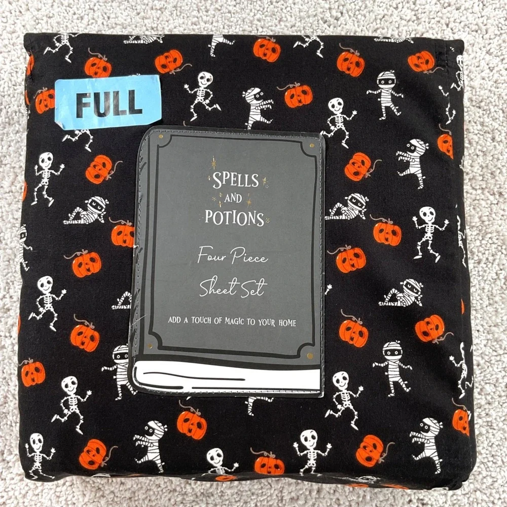 Spells and Potions Halloween Full Sheet Set Skeletons Mummies Pumpkins 4pc Black